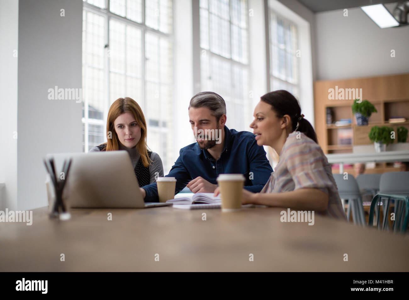I colleghi che guardano un notebook in una riunione Foto Stock