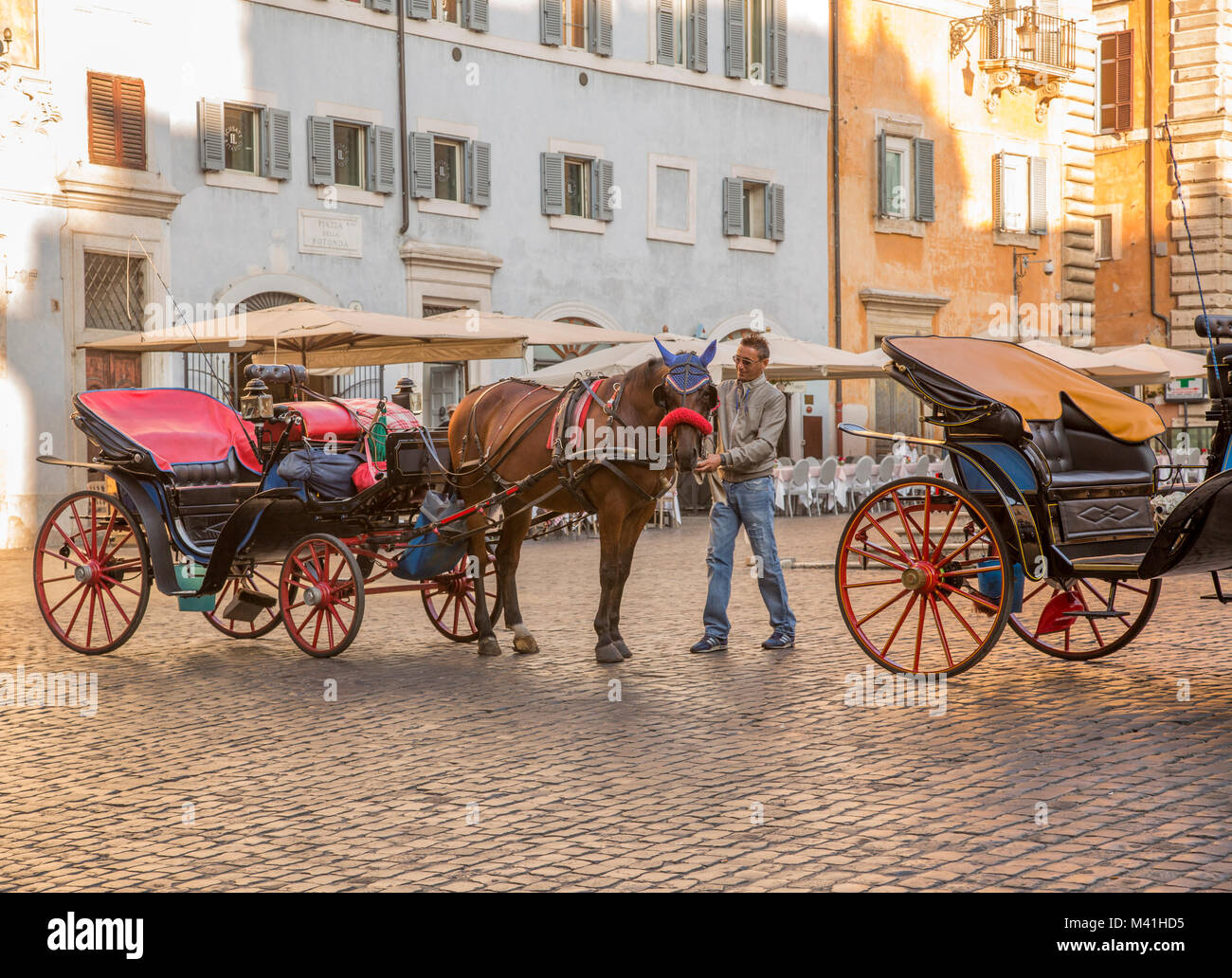 Cocchiere grooming felicemente il suo cavallo e la preparazione di buggy per il giorno. Situato nella Piazza della Rotonda, Roma, Italia. Cavallo guardando la fotocamera. Foto Stock