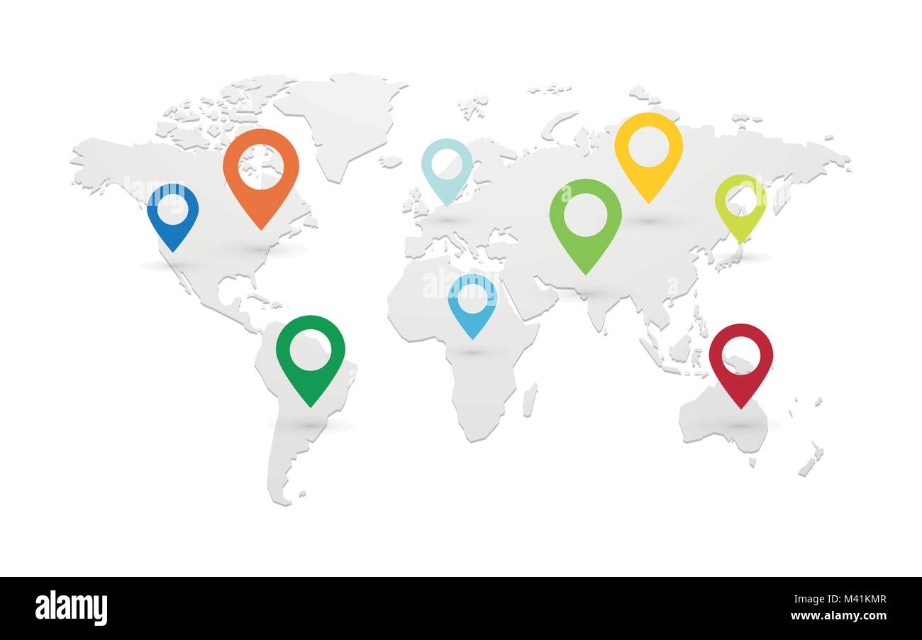 Set di mappa colorata puntatori con mappa del mondo isolato Illustrazione Vettoriale Set di mappa colorata puntatori con mappa del mondo isolato Illustrazione Vettoriale