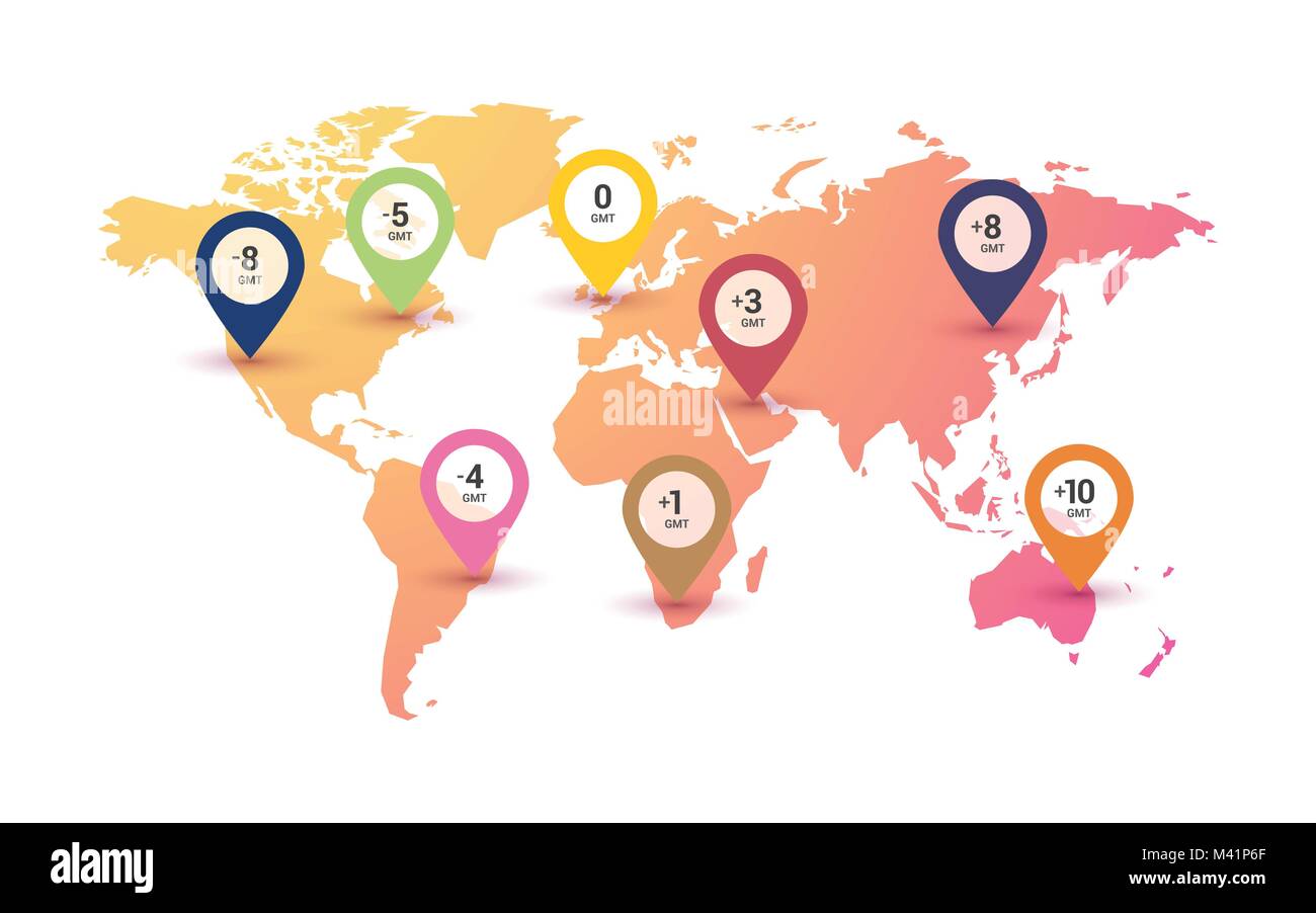 Fusi orari mappa del mondo su gradiente di colore sfondo Illustrazione Vettoriale
