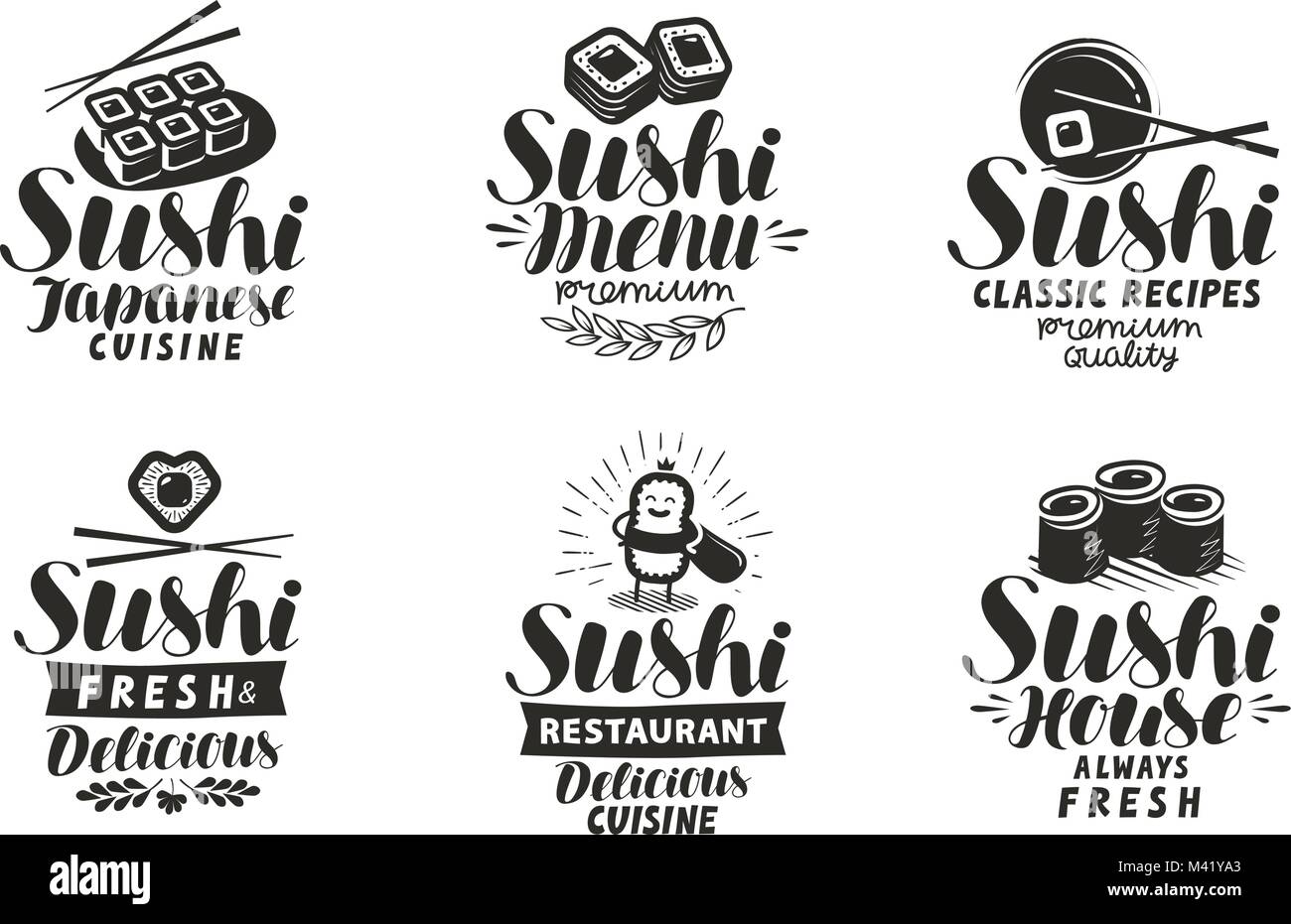 Il Sushi e rotoli logo o etichetta. Il cibo giapponese set di simboli. Disegno tipografica illustrazione vettoriale Illustrazione Vettoriale