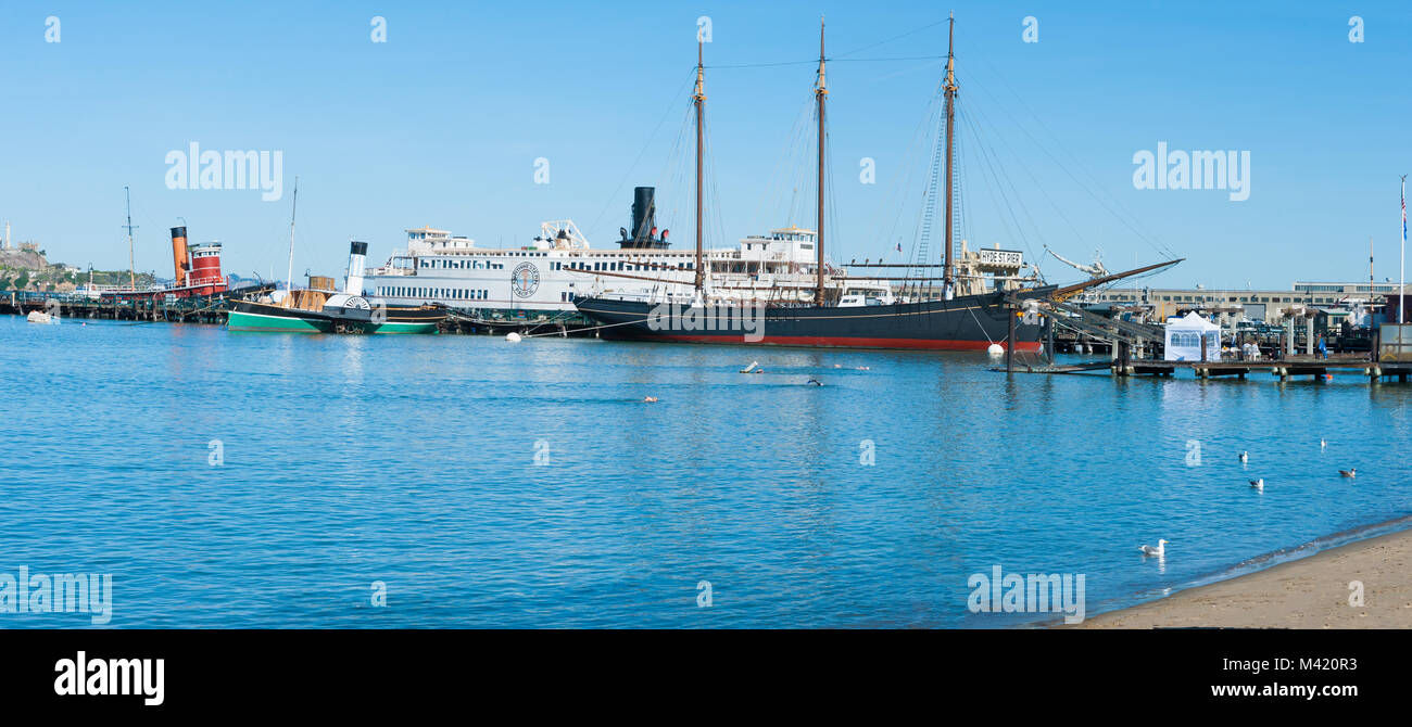 San Francisco, CA - Febbraio 03: nuotatori Nuoto nel parco acquatico di cose in San Francisco Maritime National Historical Park in San Francisco Bay Foto Stock