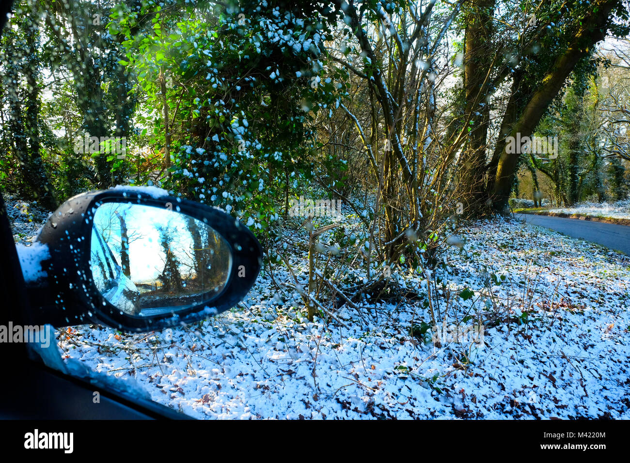 A destra dell'immagine un fuori fuoco ala auto specchio riflettendo la scena di neve, nel resto dell'immagine boschi coperti di neve e un paese l Foto Stock