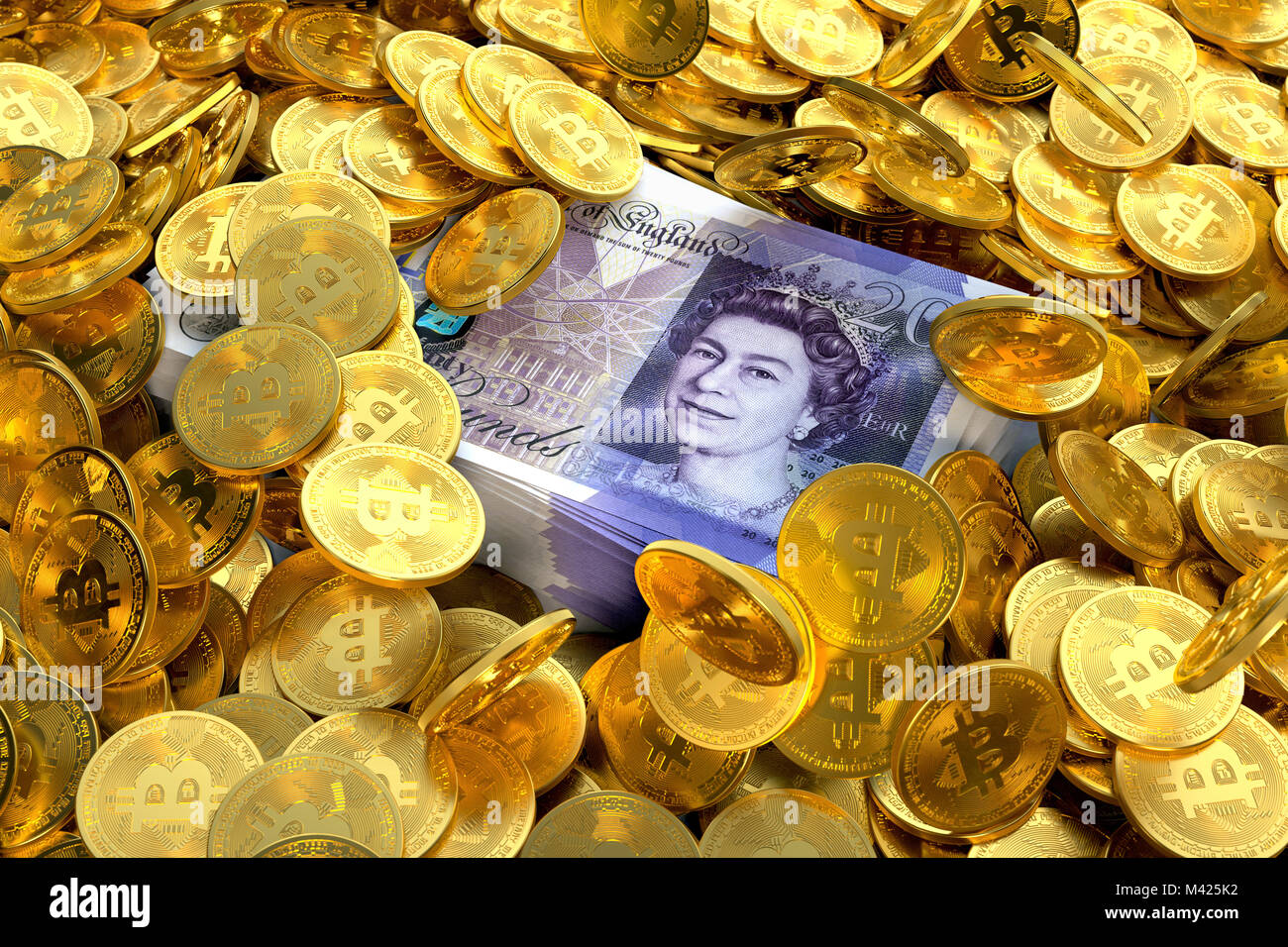 Una pila di banconote da £ 20 circondate da Bitcoin Foto Stock