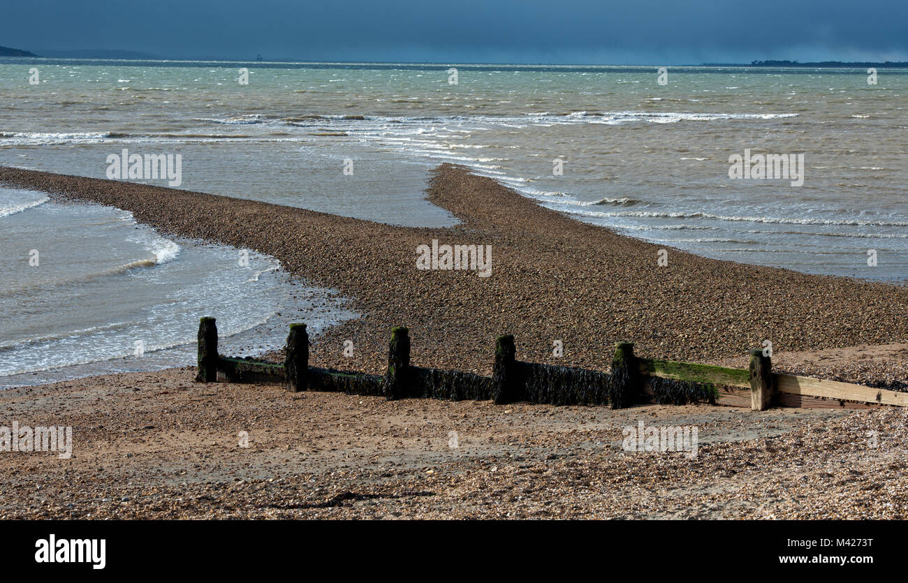 Spiaggia di ciottoli paesaggio compreso il Solent a Esher, Gosport, Hampshire, Inghilterra, Regno Unito Foto Stock