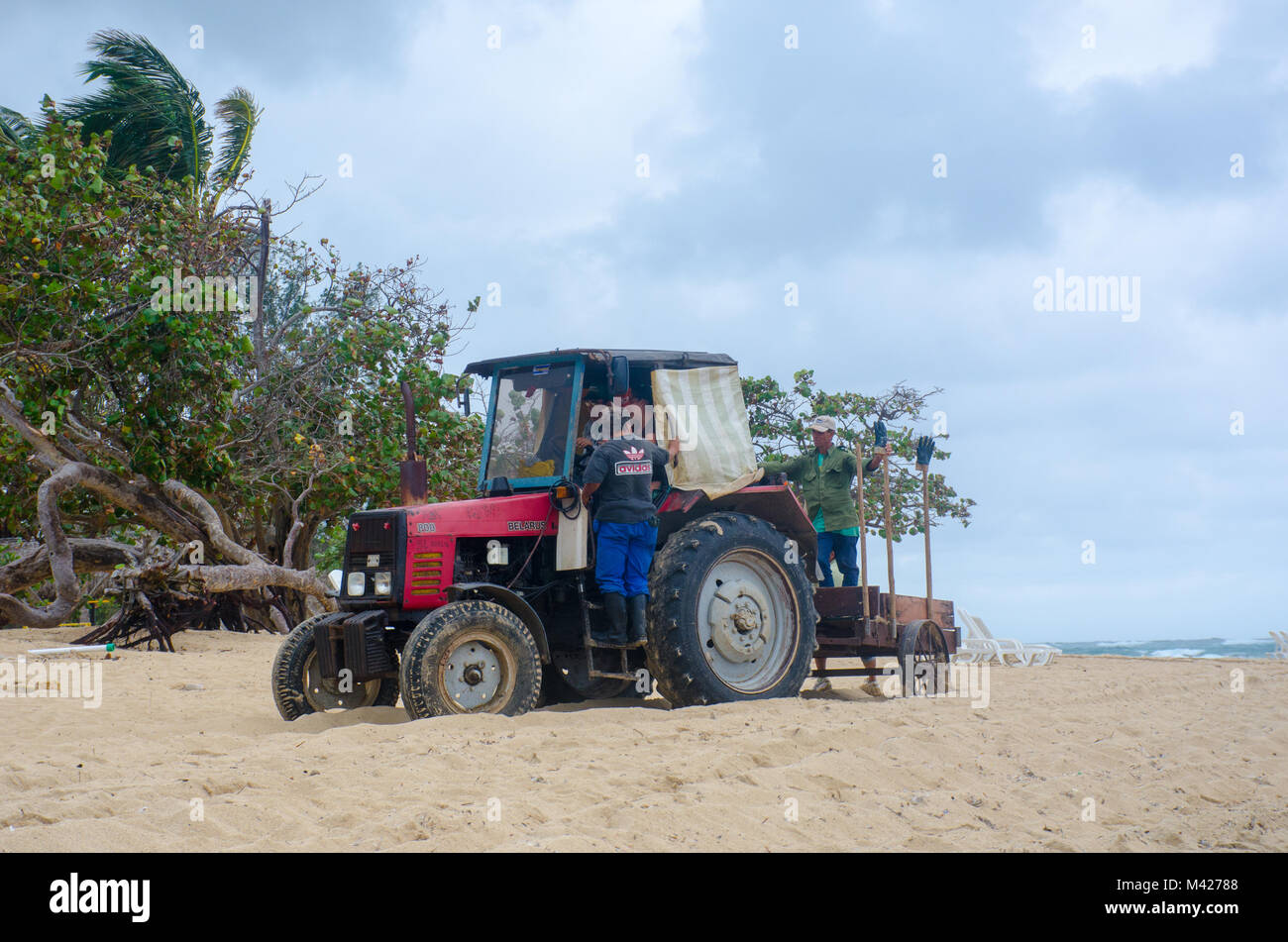 Jibacoa Cuba - 25 Gennaio 2018: il trattore sulla spiaggia del resort di erbaccia di compensazione Foto Stock