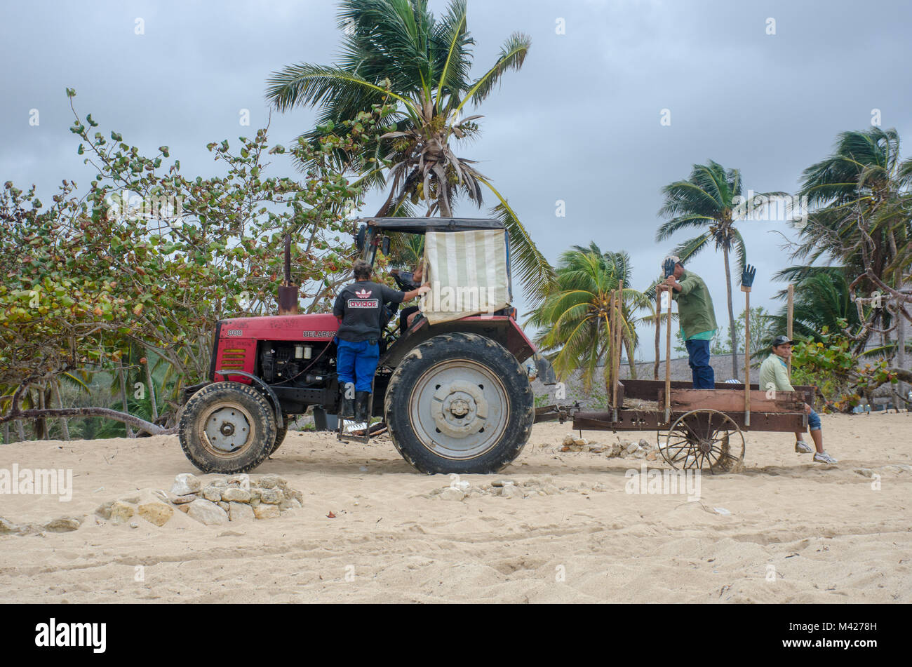 Jibacoa Cuba - 25 Gennaio 2018: Trattore rosso sulla spiaggia del resort di erbaccia di compensazione Foto Stock