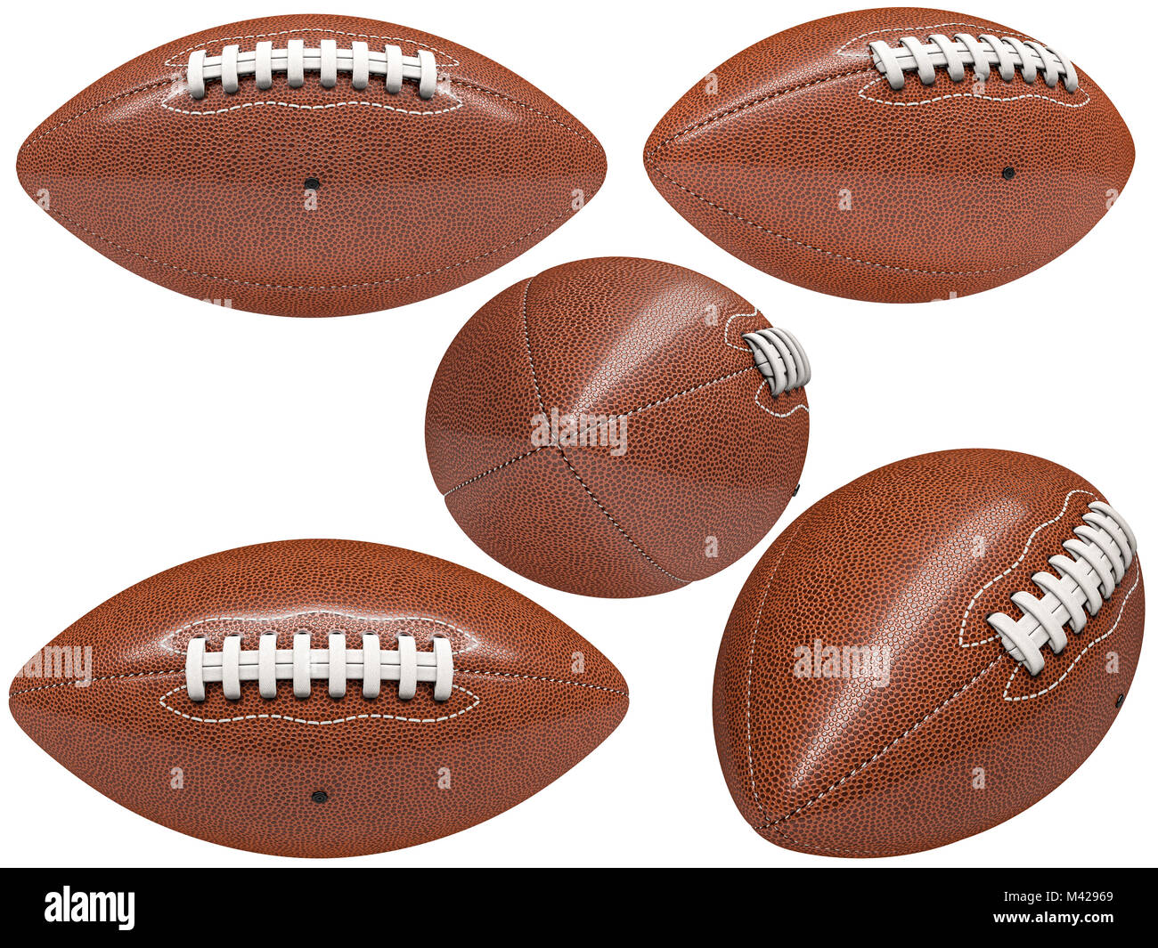 Raccolta di football americano isolato a sfera su bianco 3d rendering immagine Foto Stock