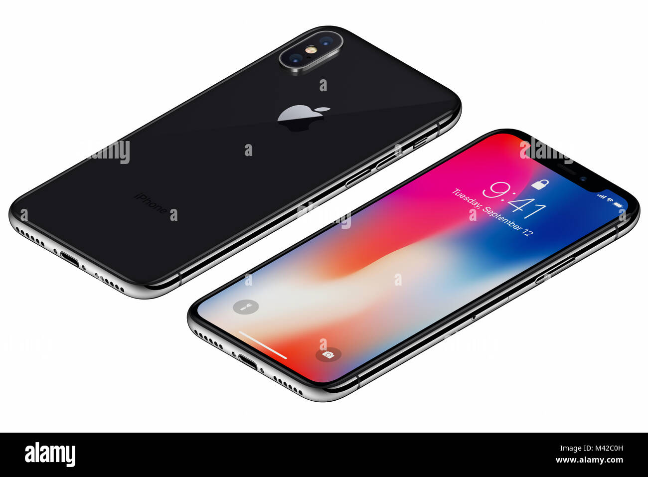 Isometrica grigio spazio Apple iPhone X lato anteriore con iOS 11 lockscreen e lato posteriore isolato su sfondo bianco. Foto Stock