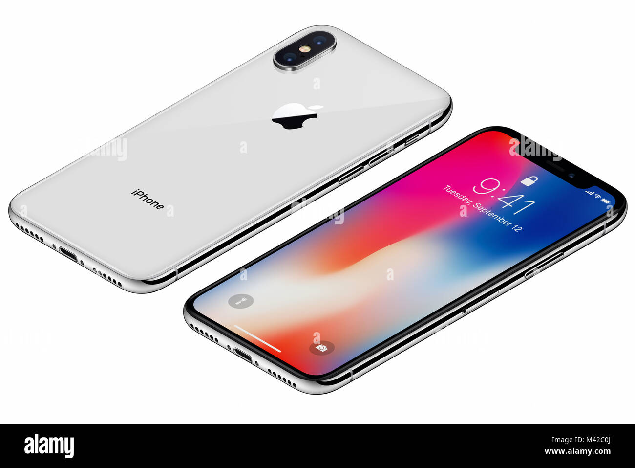 Argento isometrica Apple iPhone X lato anteriore con iOS 11 lockscreen e lato posteriore isolato su sfondo bianco. Foto Stock