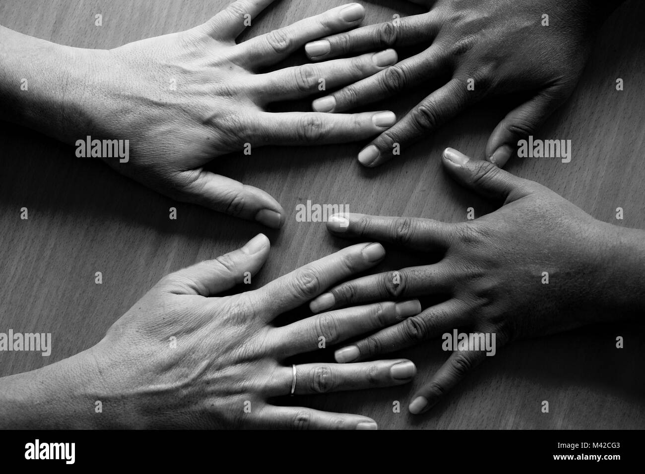 Guardando verso il basso su quattro cinquanta anni di mani femminili sparsi, che giace piatto su una tabella, le due mani sulla sinistra una asiatica di mani e due sulla destra un Foto Stock