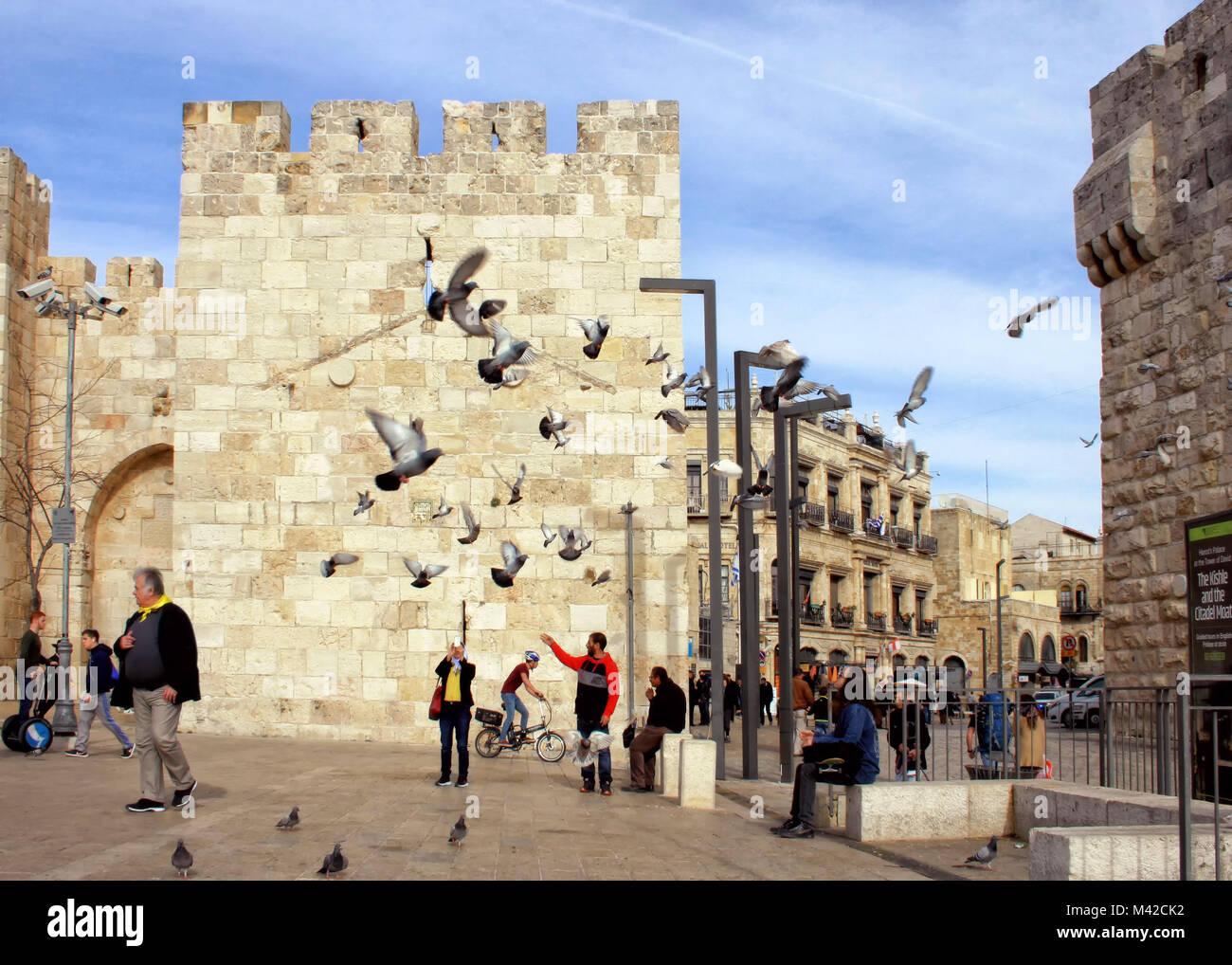 Piccioni disperdersi nell'aria a plaza fuori Porta di Jaffa a Gerusalemme la città vecchia. Foto Stock