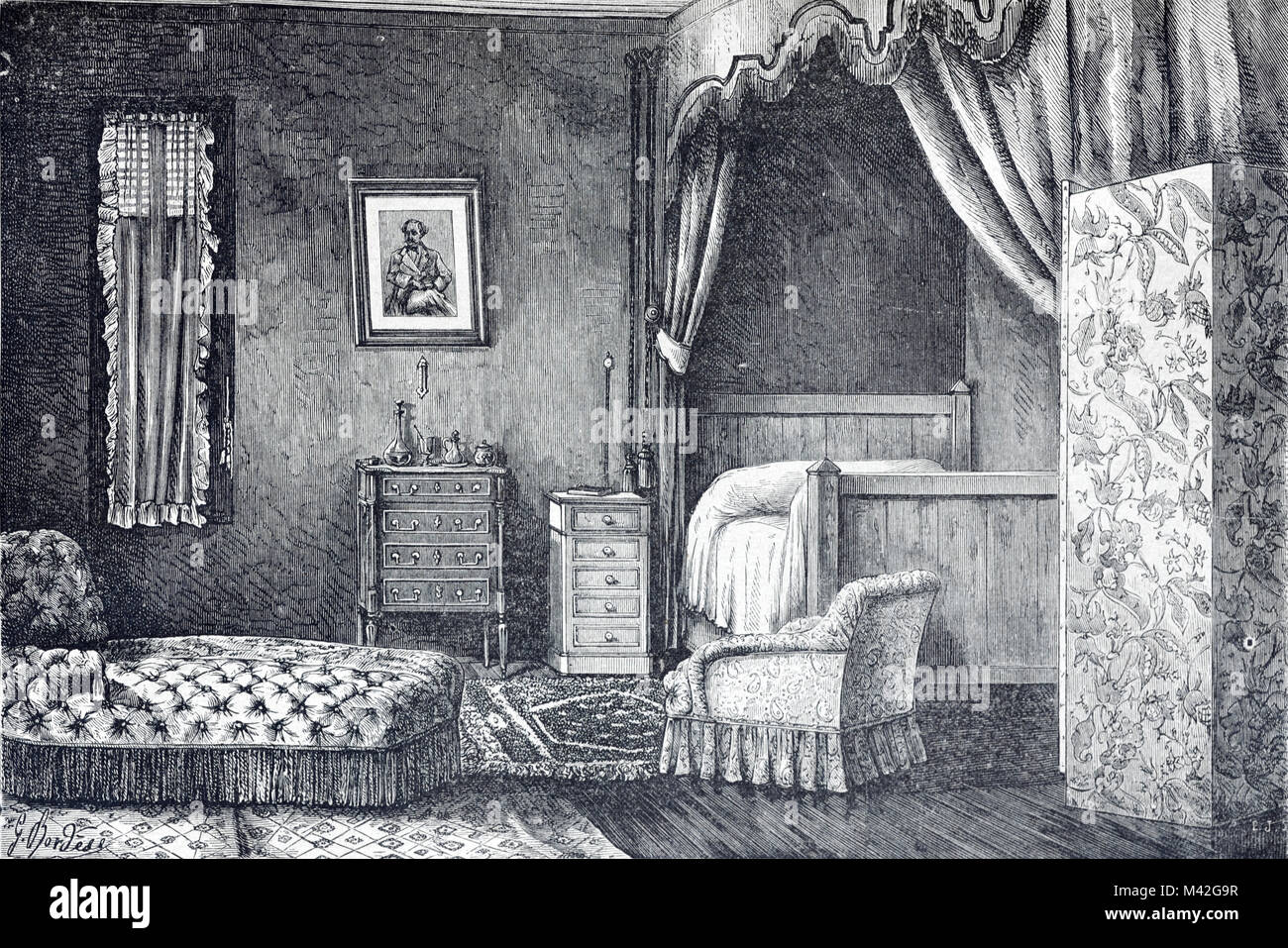 Alexandre Dumas camera da letto in Château de Monte-Cristo, Le Port-Marly, Francia (incisione 1879) Foto Stock