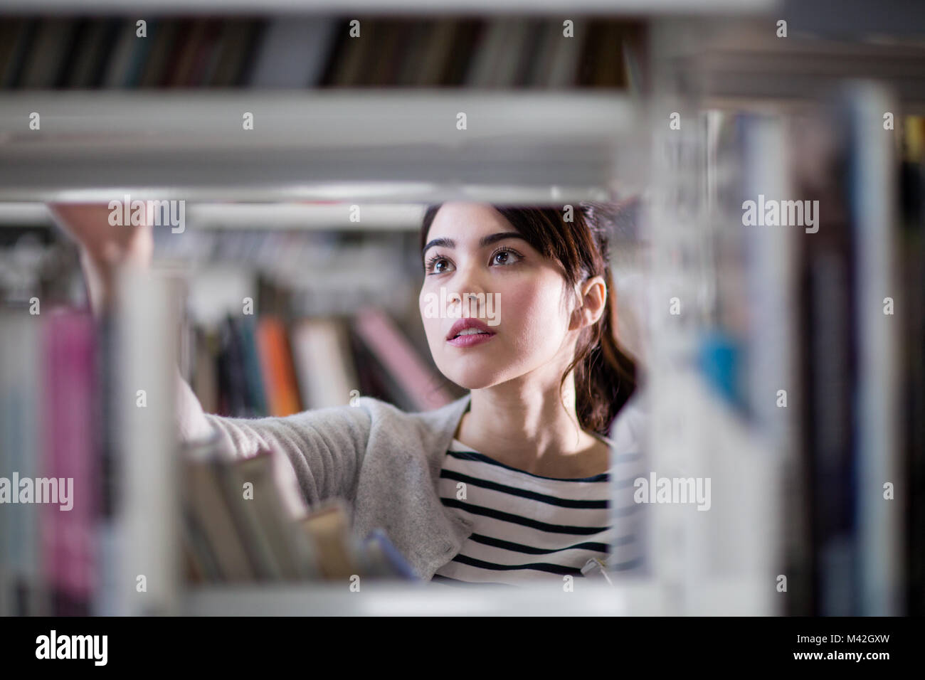 Studente in cerca di un libro in biblioteca Foto Stock