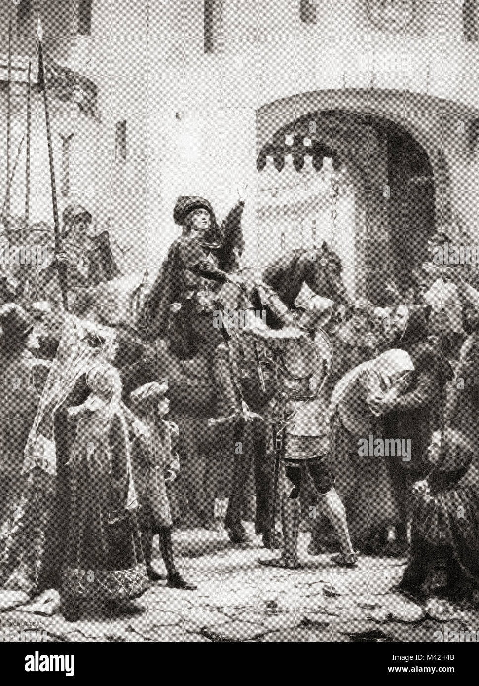 Giovanna d Arco riceve la sua spada prima di partire per Orléans durante l assedio del 1428-1429. Giovanna d'arco, c. 1412 -1431, aka la cameriera di Orléans. L'eroina della Francia per il suo ruolo durante la fase Lancastrian dei cento anni di guerra e canonizzato come cattolica romana san. Da Hutchinson nella storia delle nazioni, pubblicato 1915. Foto Stock