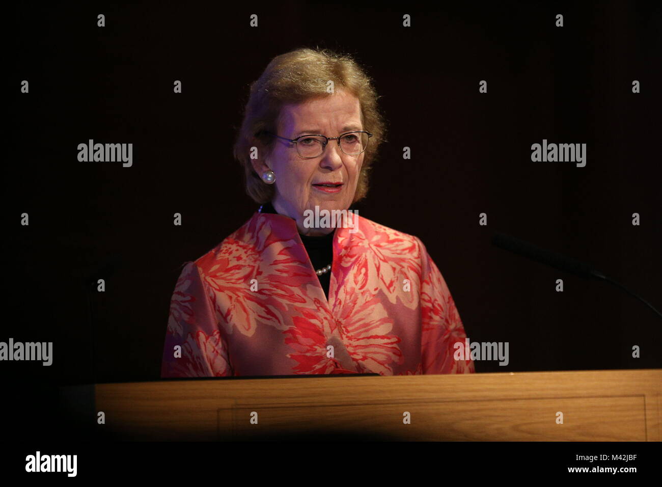 Mary Robinson, ex Alto Commissario delle Nazioni Unite per i Diritti Umani ed ex presidente irlandese, parla a un evento organizzato dalla London Irish Business La Società nel centro di Londra, su Brexit, il cambiamento climatico e lo stato della politica in Irlanda del Nord. Foto Stock
