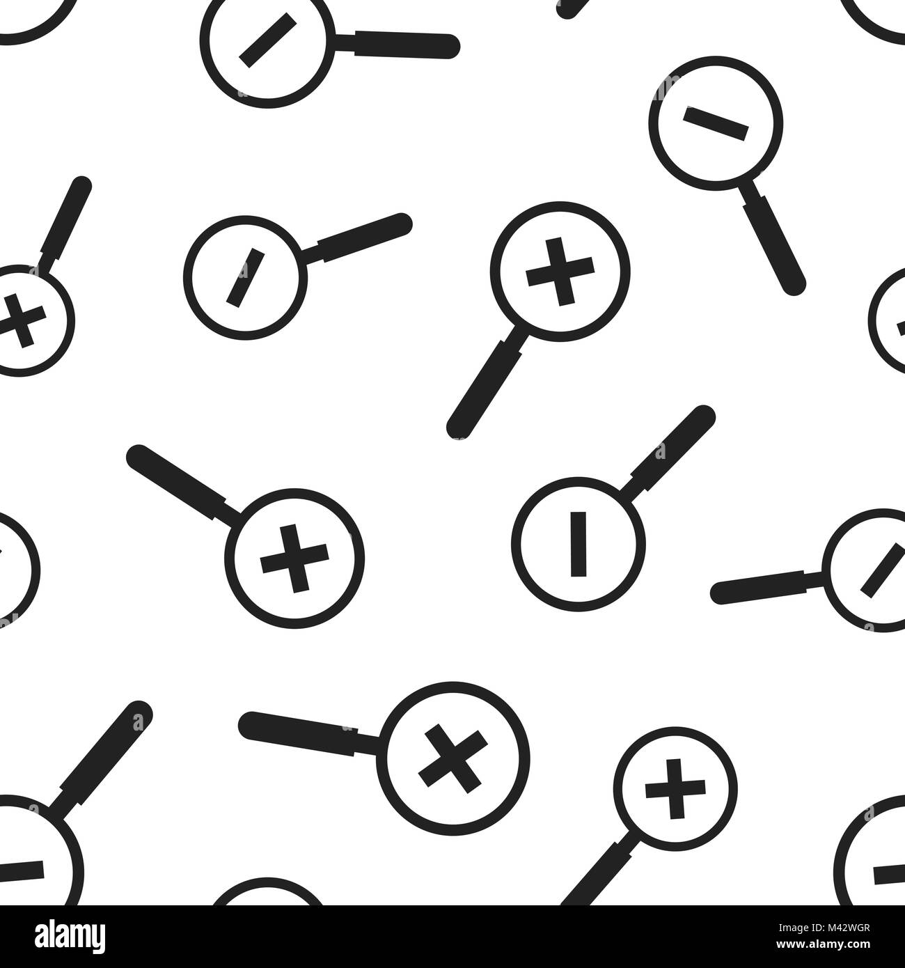 Loupe con plus e segno meno perfetta sullo sfondo del modello. Appartamento Business illustrazione vettoriale. Lente di ingrandimento da segno di Ricerca modello di simbolo. Illustrazione Vettoriale