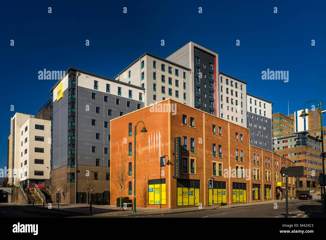 Crescent posto alloggio studenti immobili gestiti dalla Student housing società nel centro città di Southampton Febbraio 2018, Inghilterra, Regno Unito Foto Stock
