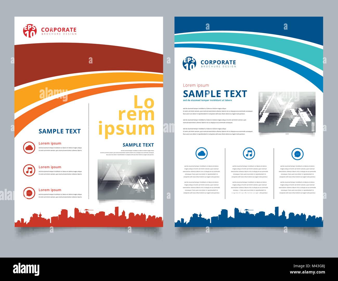 Modello brochure blu e rosso linea curva grafica con cityscape piè di pagina e il testo semplice. Business per la copertina del libro di design. Relazione annuale, rivista, Poster, Illustrazione Vettoriale