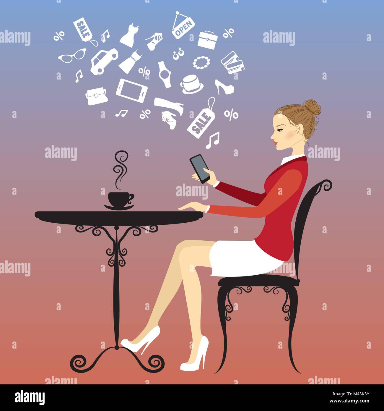 La ragazza è di bere il caffè e su Internet tramite uno smartphone Illustrazione Vettoriale
