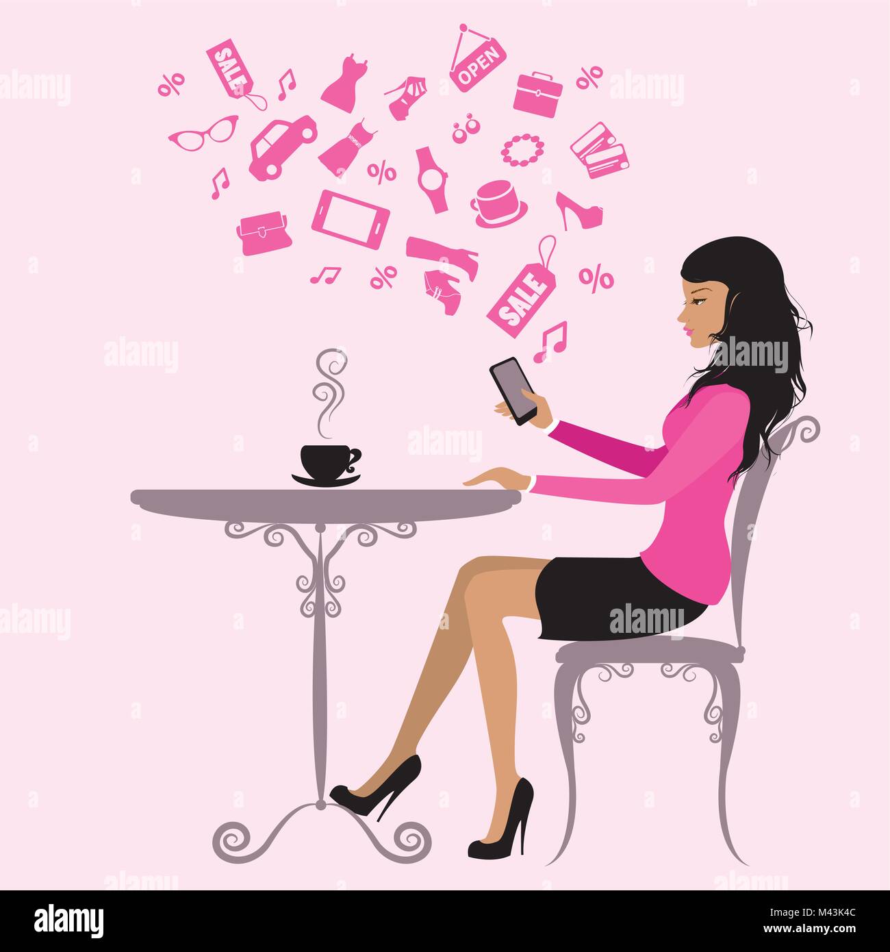 La ragazza è di bere il caffè e su Internet tramite uno smartphone Illustrazione Vettoriale