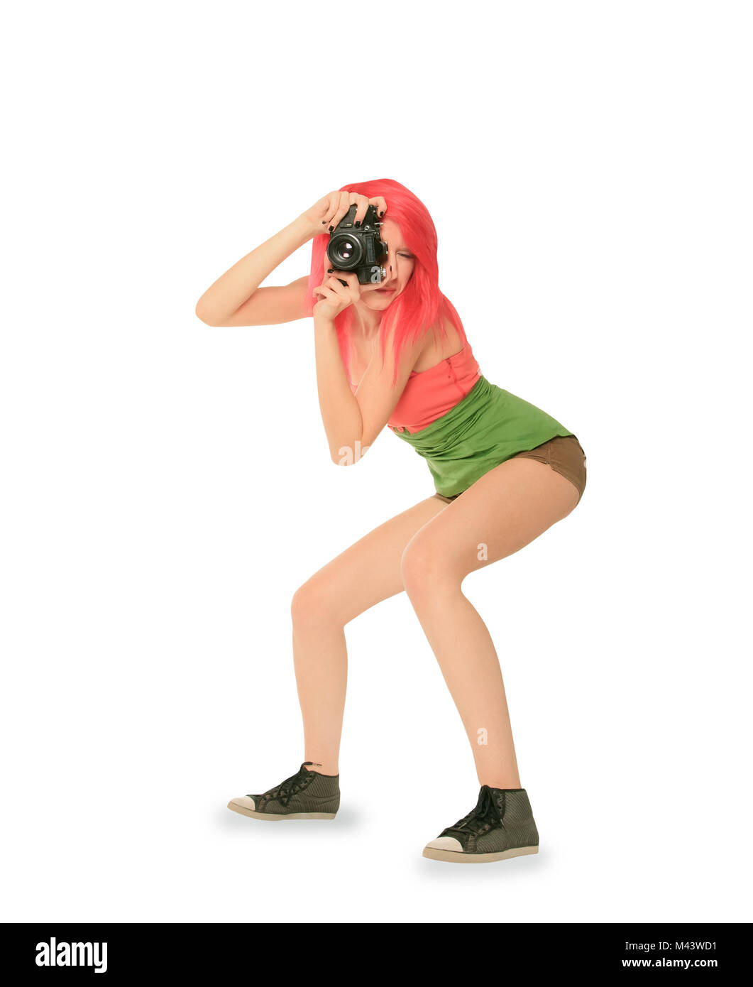 Capelli rossi donna con fotocamera foto isolato su bianco Foto Stock