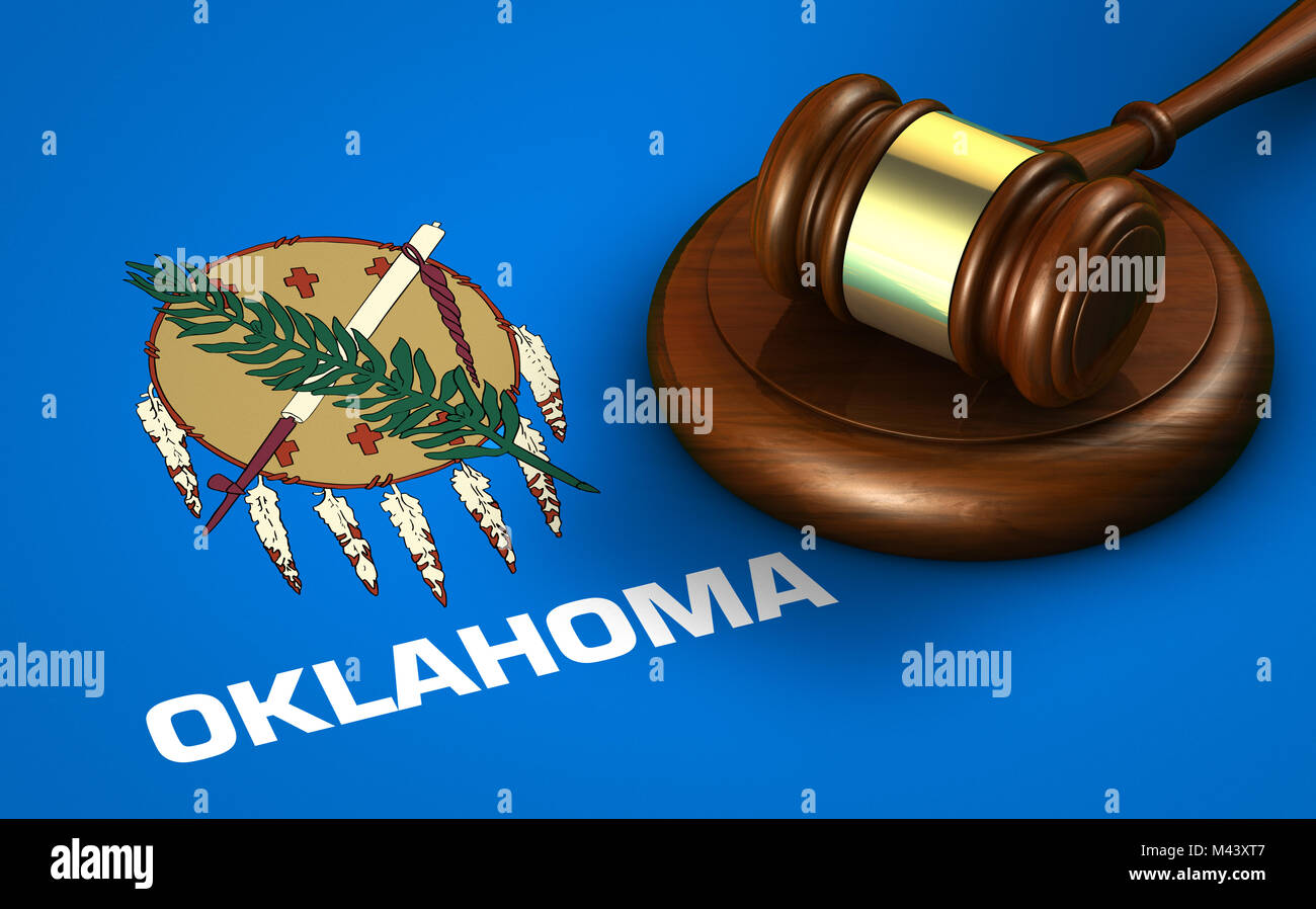 Oklahoma noi lo stato di diritto, del sistema giudiziario e di giustizia concetto con un rendering 3D di un martello sulla bandiera Oklahoman sullo sfondo. Foto Stock