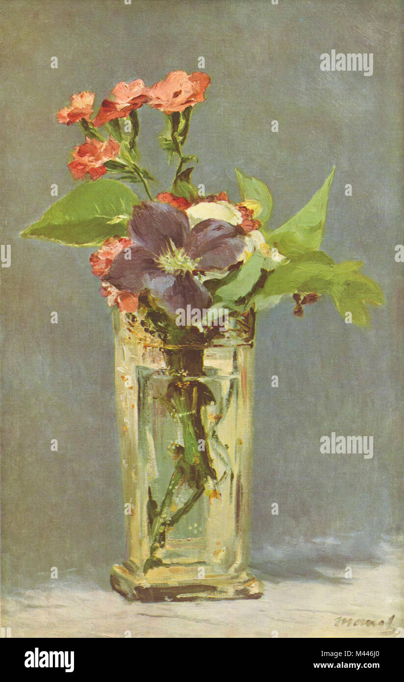 Garofani e Clematis in un vaso di cristallo, 1883. Olio su tela. Edouard  Manet (1832-1883), pittore francese. Natura morta di fiori di vetro  Dianthus impressionismo Foto stock - Alamy