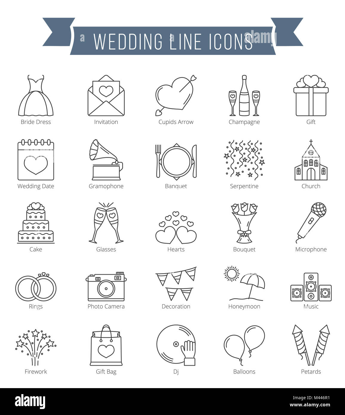 25 Linea di matrimonio Icone, possono essere utilizzati per il giorno di San Valentino, vettoriale EPS10 illustrazione Foto Stock