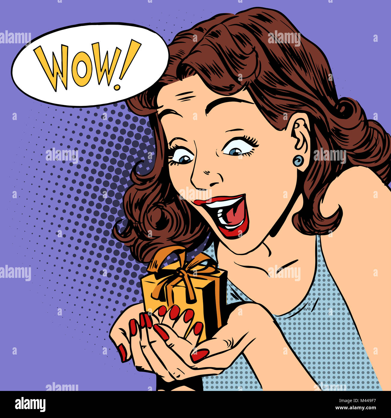 Donna felice dono wow pop arte fumetti in stile retrò mezzitoni Foto Stock