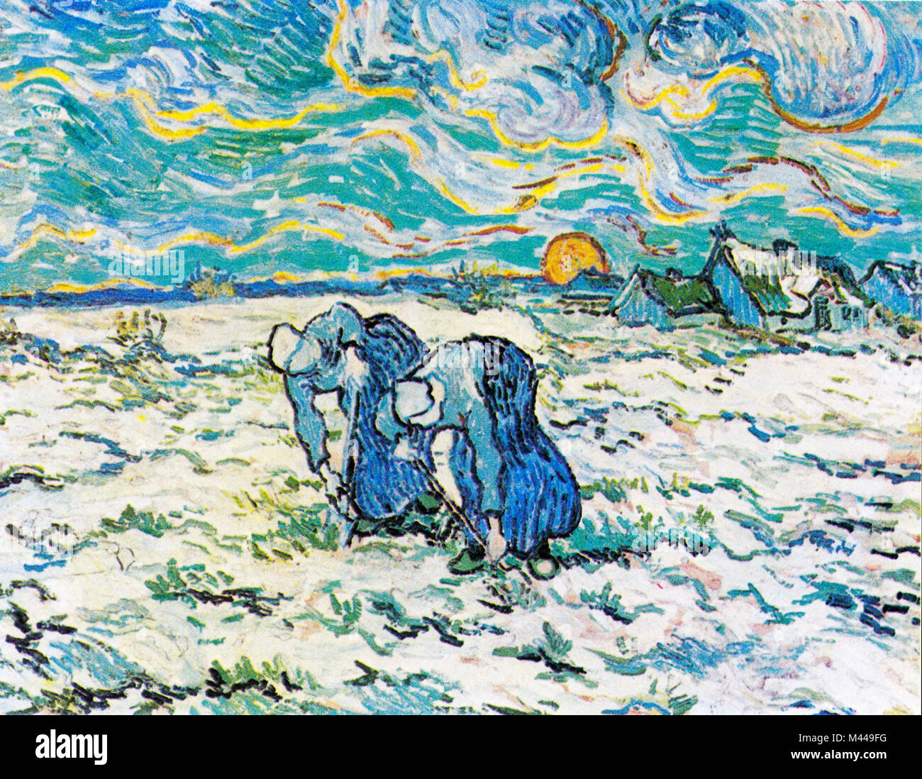 Due donne contadine scavando in un campo Snow-Covered al tramonto di Van Gogh Foto Stock
