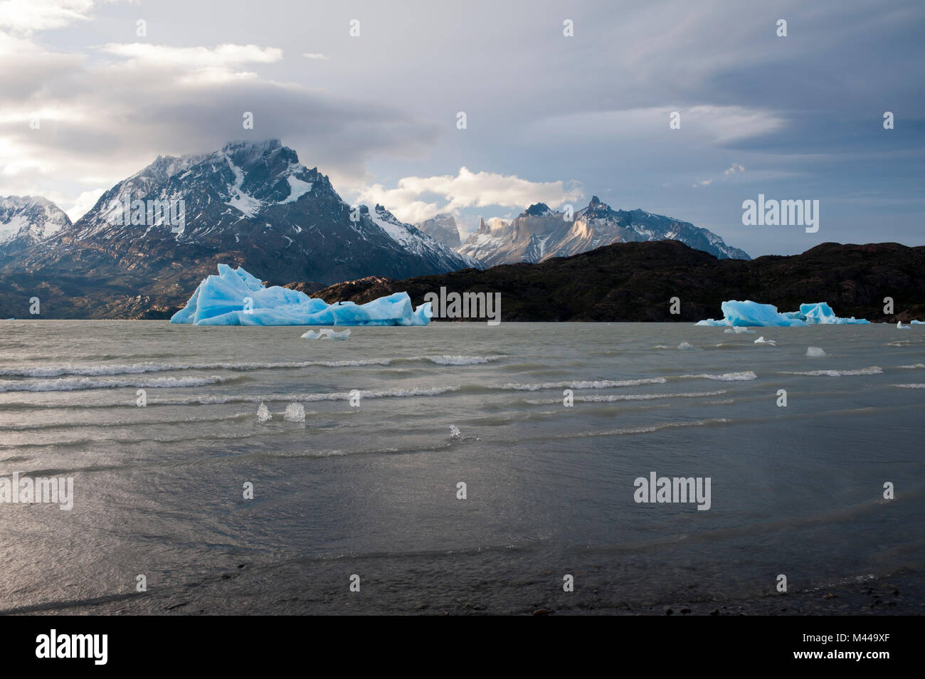 Iceberg sul lago grigio, Parco Nazionale Torres del Paine, Patagonia, Cile Foto Stock
