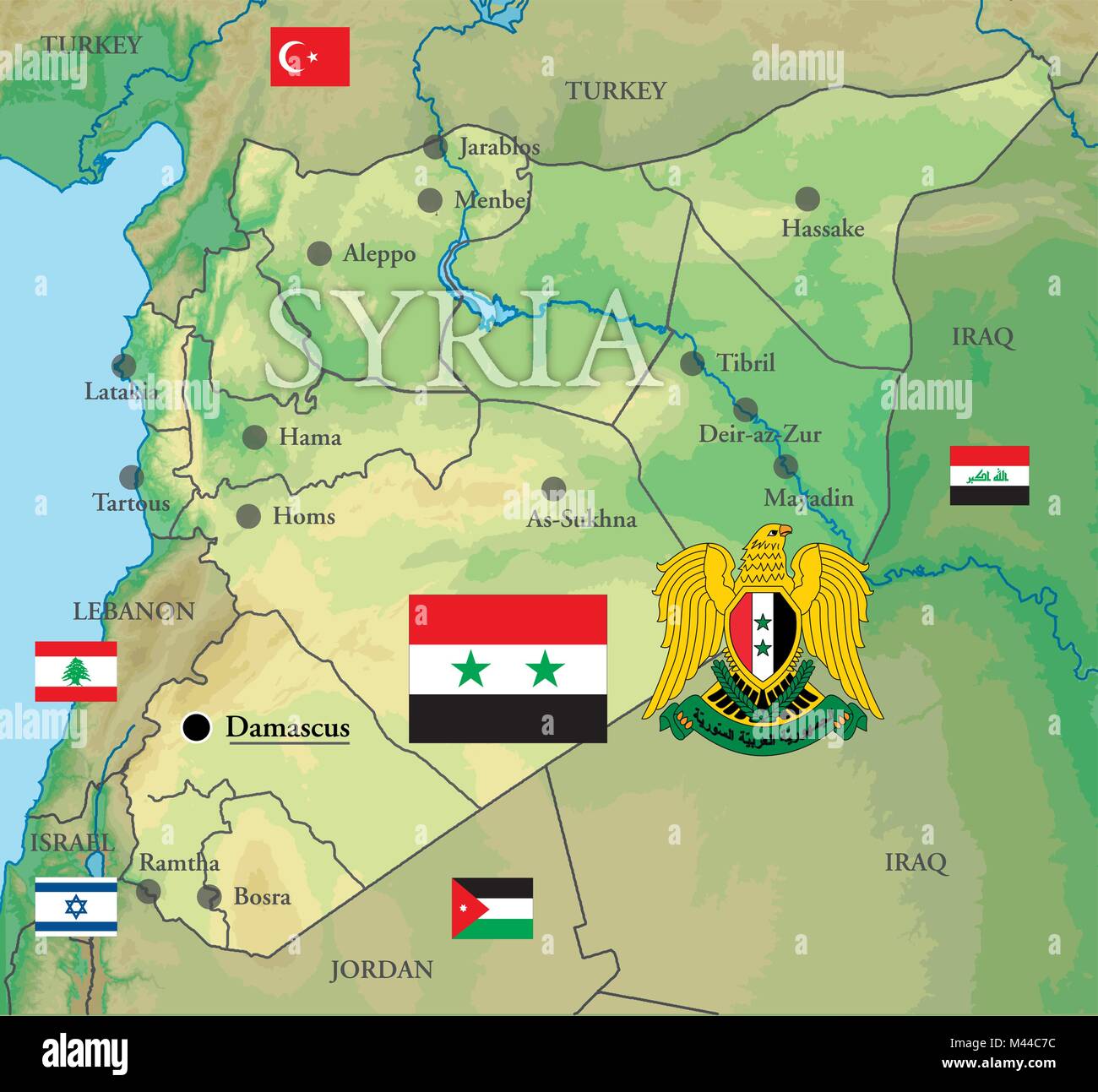 Mappa di Siria, confini e bandiere Illustrazione Vettoriale