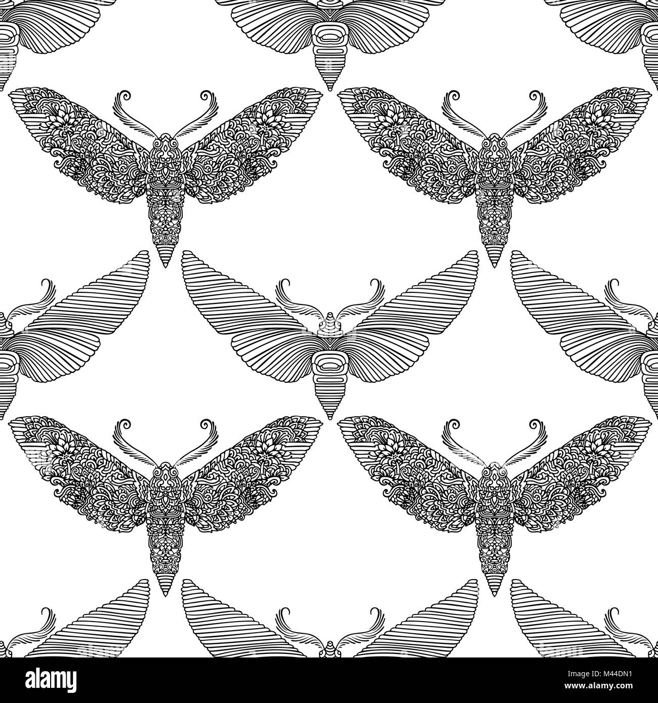 Notte moth in stile mandala. Nero e sfondo bianco con farfalla. Insetti vettori seamless pattern. Illustrazione Vettoriale