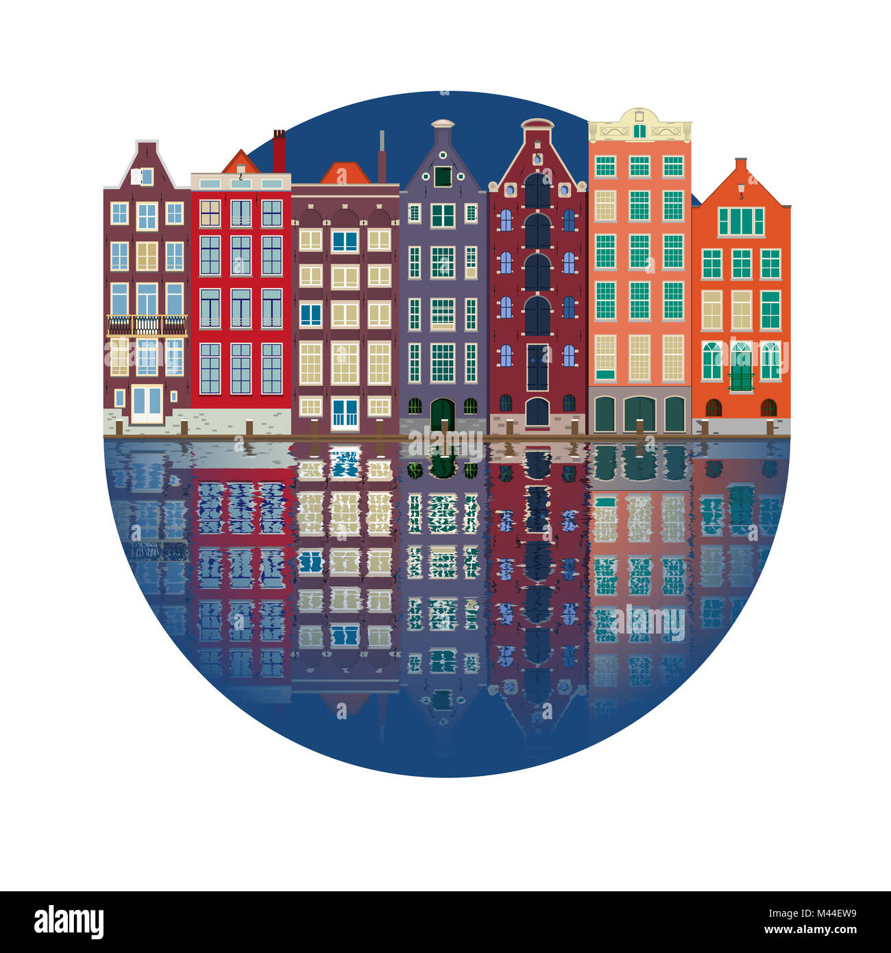 Colorata illustrazione vettoriale, vista sulla città di Amsterdam canal e tipiche case olandese. Holland, Paesi Bassi. Foto Stock