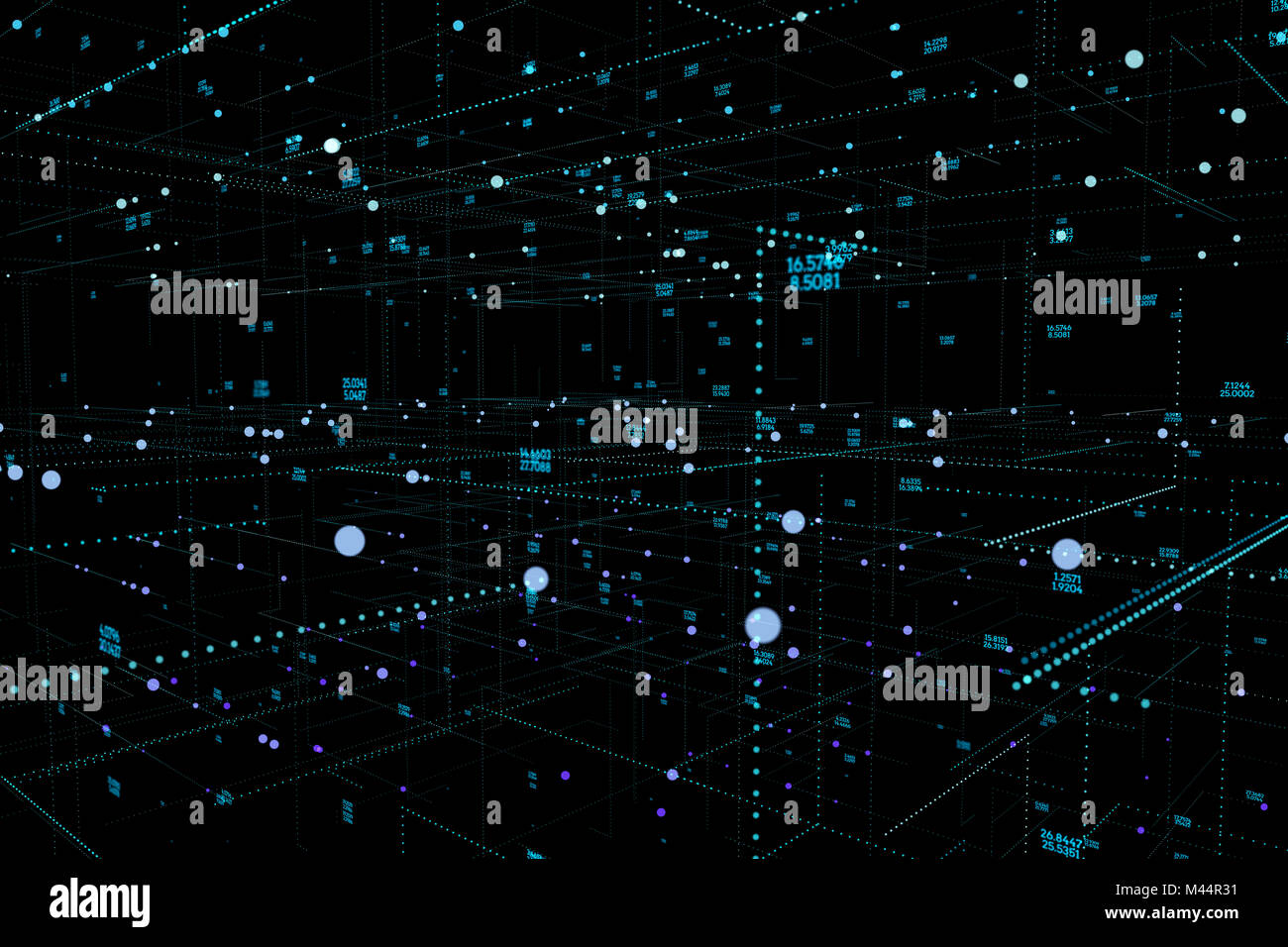 Grande complesso di dati. Grafica di sfondo astratto di comunicazione. I dati digitali i punti visualizzazione. 3d'illustrazione. Foto Stock