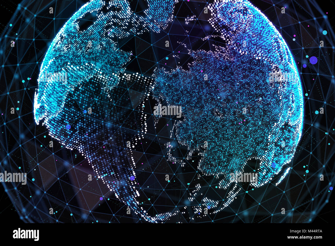 Messa a terra, che rappresentano a livello globale la connessione di rete internazionale di significato. 3d'illustrazione. Foto Stock
