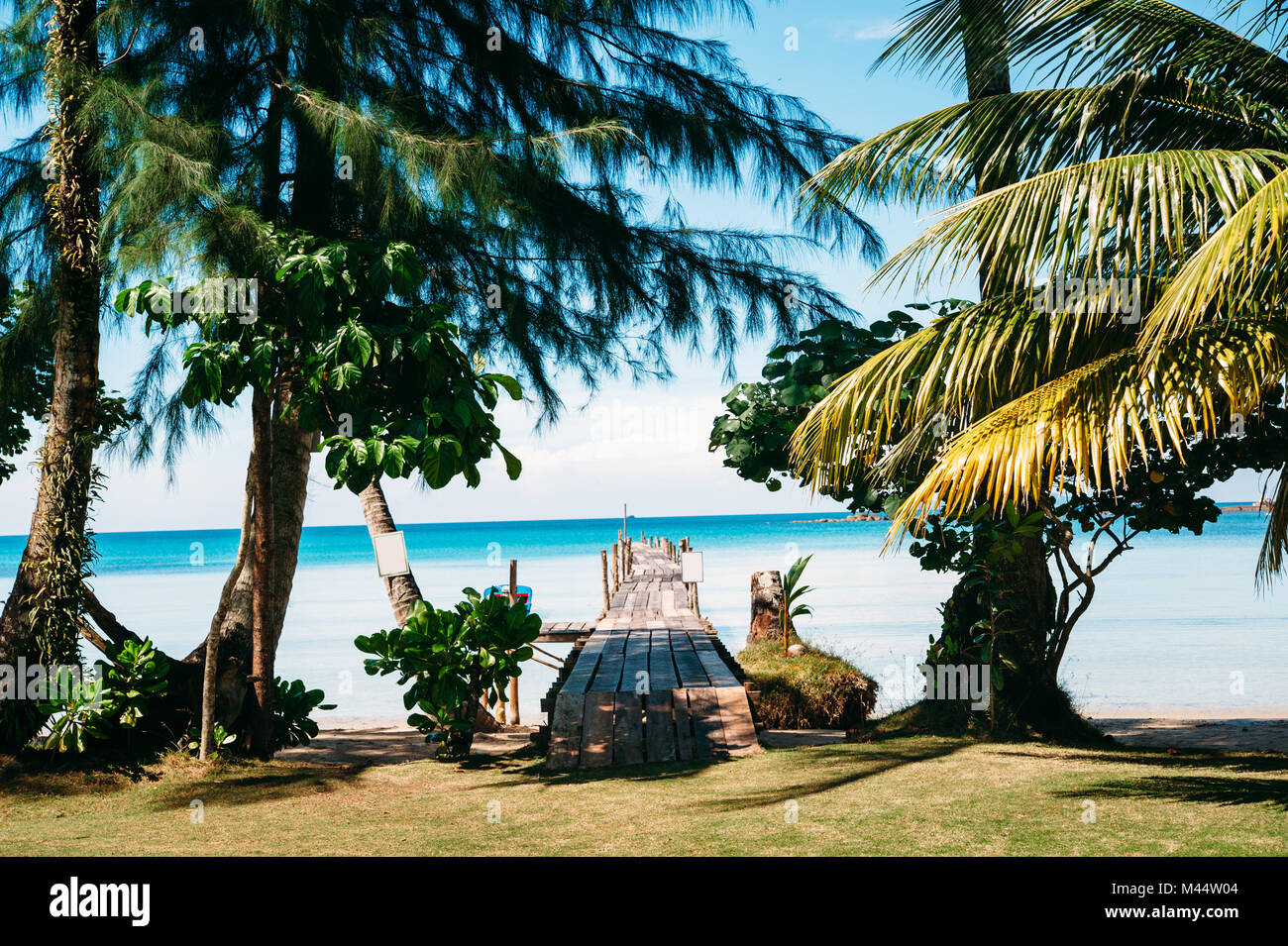 Beack tropicale con palme e in legno lungo il molo in mare. Calma scena. Della Thailandia Foto Stock