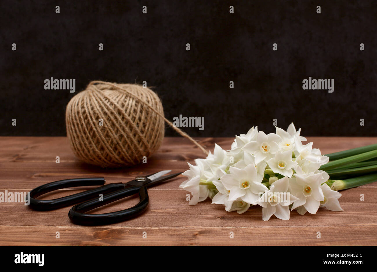 Rotolo di spago con fiore retrò forbici e bianche fioriture di Narcisi su un tavolo di legno Foto Stock