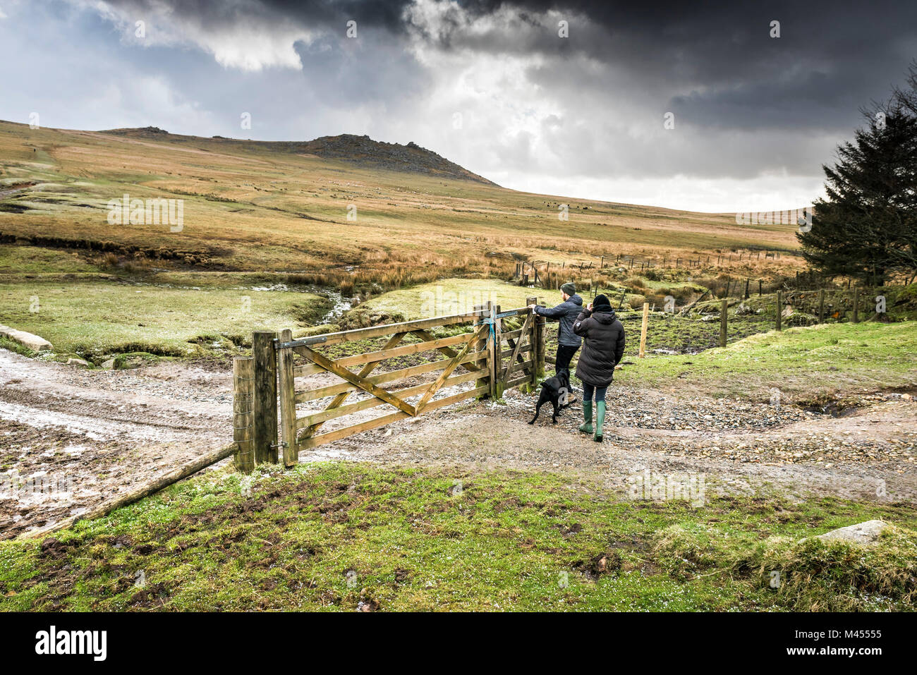 Walkers passando attraverso un cancello di legno su una pista su terreni accidentati Tor su Bodmin Moor in Cornovaglia. Foto Stock
