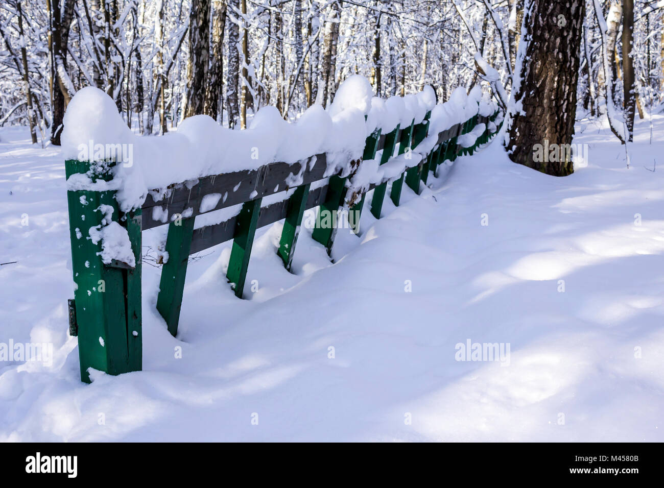 Snowy onde su una recinzione decorativo dopo una nevicata. Una insolita forma di neve. Foto interessante per il sito circa la natura, i parchi e le stagioni. Foto Stock