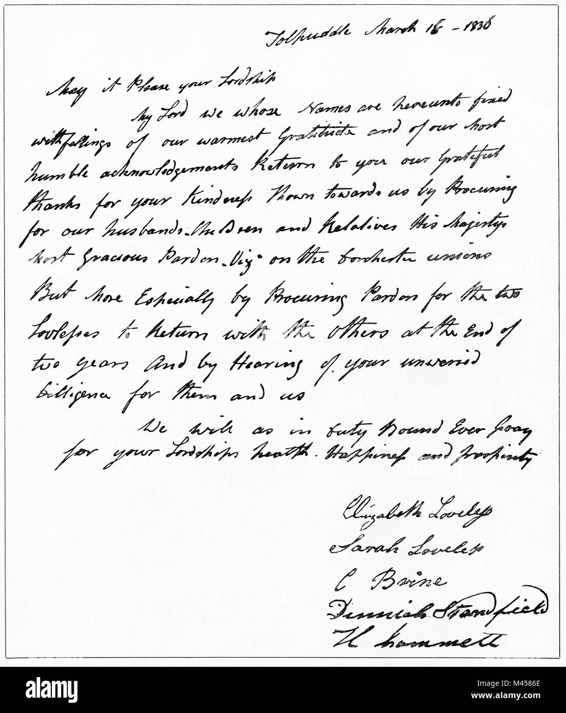 Facsimile di una lettera da mogli dei martiri Tolpuddle a Lord John Russell ringraziandolo per la sua parte nel portare circa la grazia per i loro mariti. Il Tolpuddle Martiri, un gruppo del XIX secolo Dorset braccianti agricoli che sono stati arrestati e condannati per il giuramento un segreto il giuramento come membri della società amichevole di braccianti agricoli, essi sono stati condannati a trasporto penale in Australia e Tasmania. Dai martiri di Tolpuddle, pubblicato nel 1934. Foto Stock