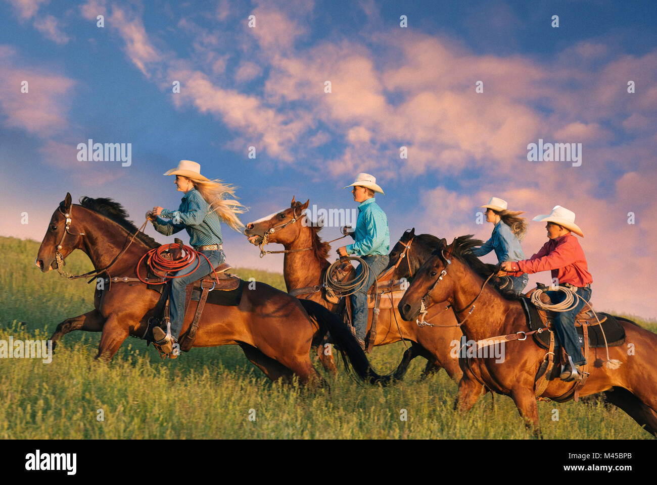 Gruppo di persone a cavallo nel campo Foto Stock