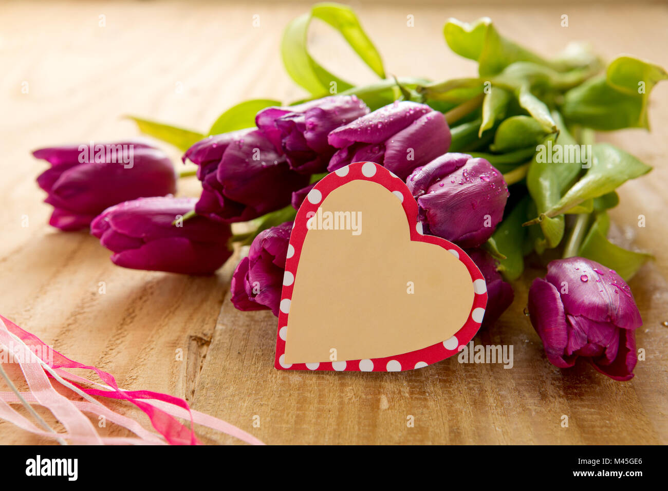 Tulipani viola con cuore scheda su uno sfondo di legno. Foto Stock