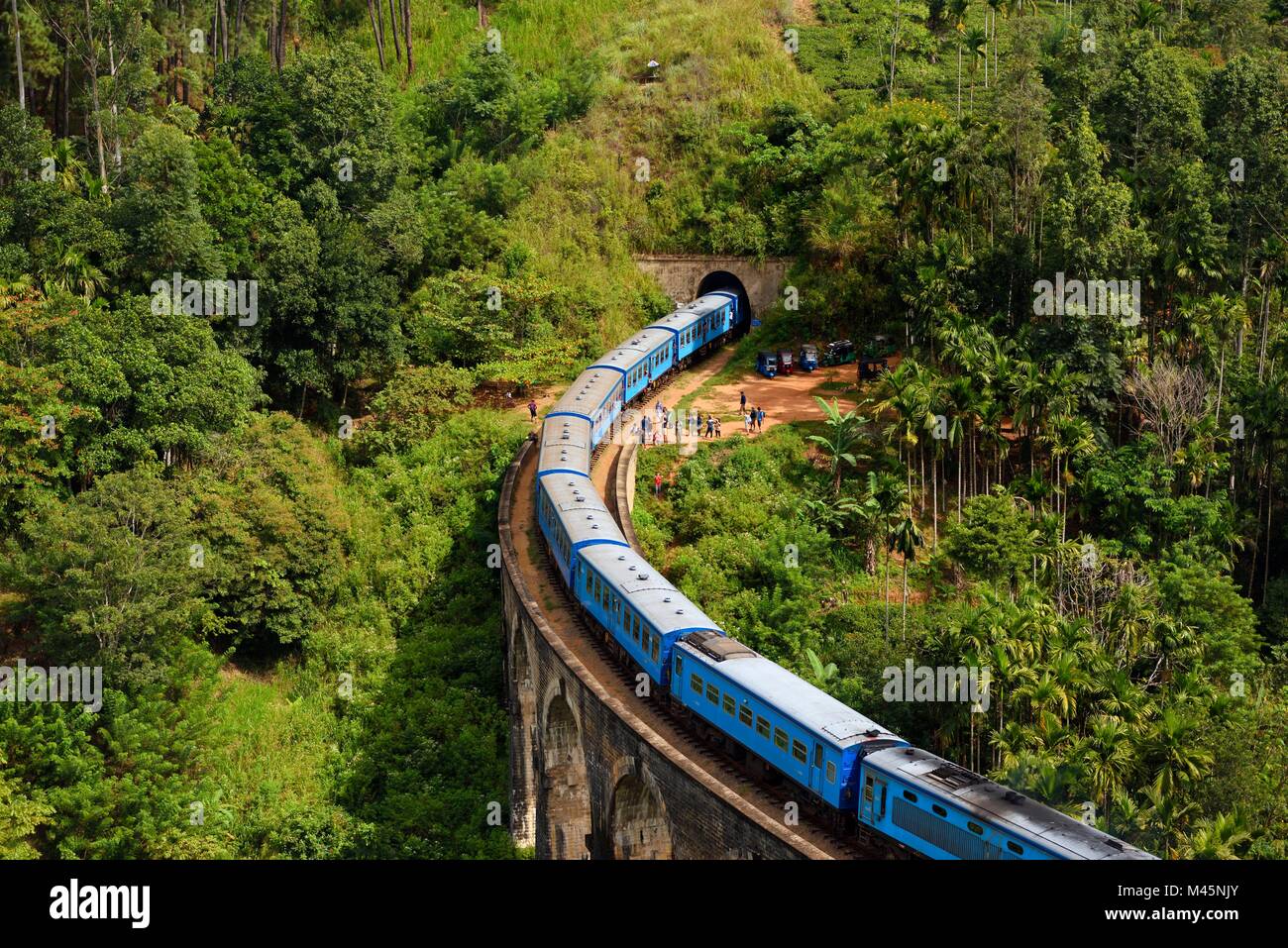 Treno su nove archi Ponte nelle highlands vicino Ella,Sri Lanka Foto Stock