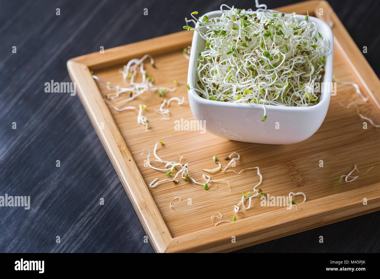 I germogli di erba medica nella ciotola bianco su un vassoio in legno Foto Stock