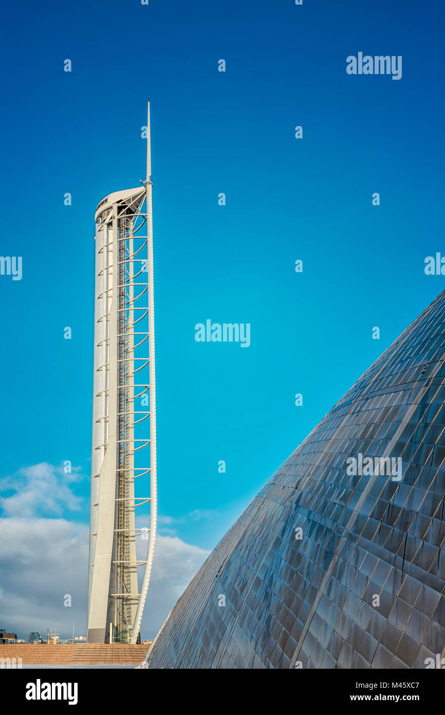 Punto di riferimento torre di osservazione al Pacific Quay a Glasgow, Scozia Foto Stock