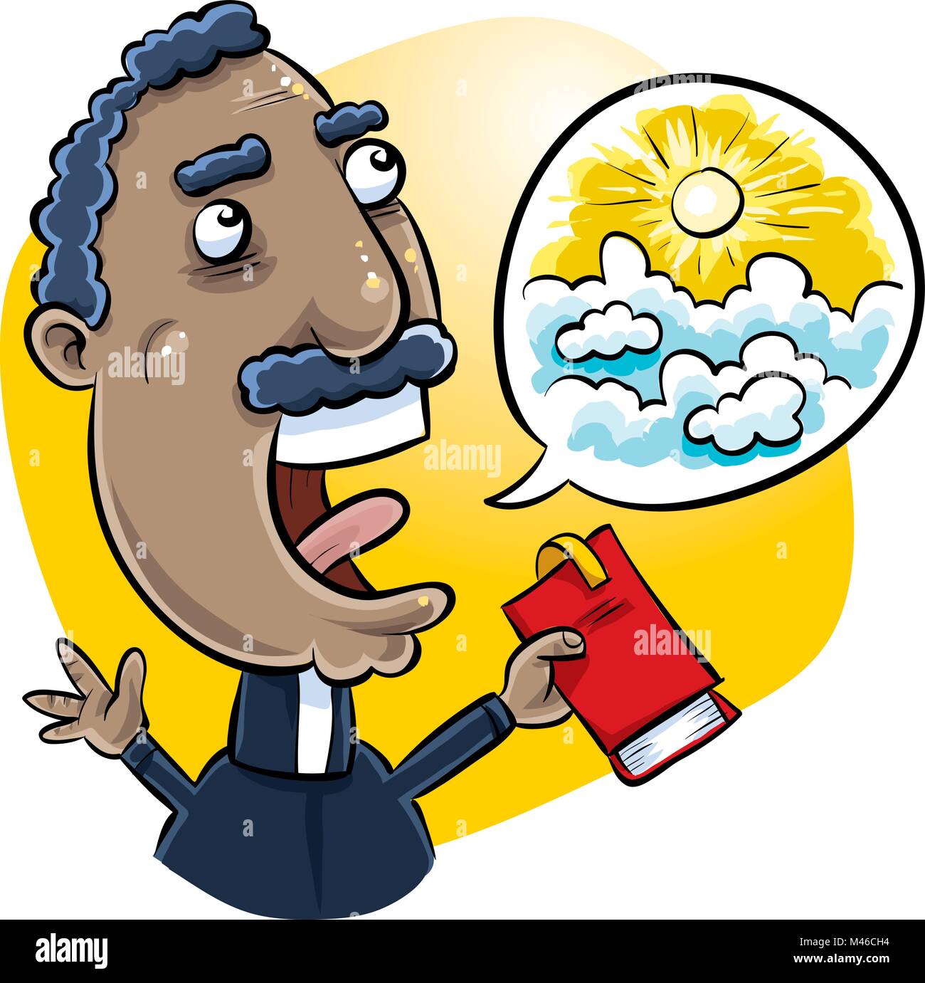 Un cartoon ministro della Chiesa predica una visione del cielo. Illustrazione Vettoriale