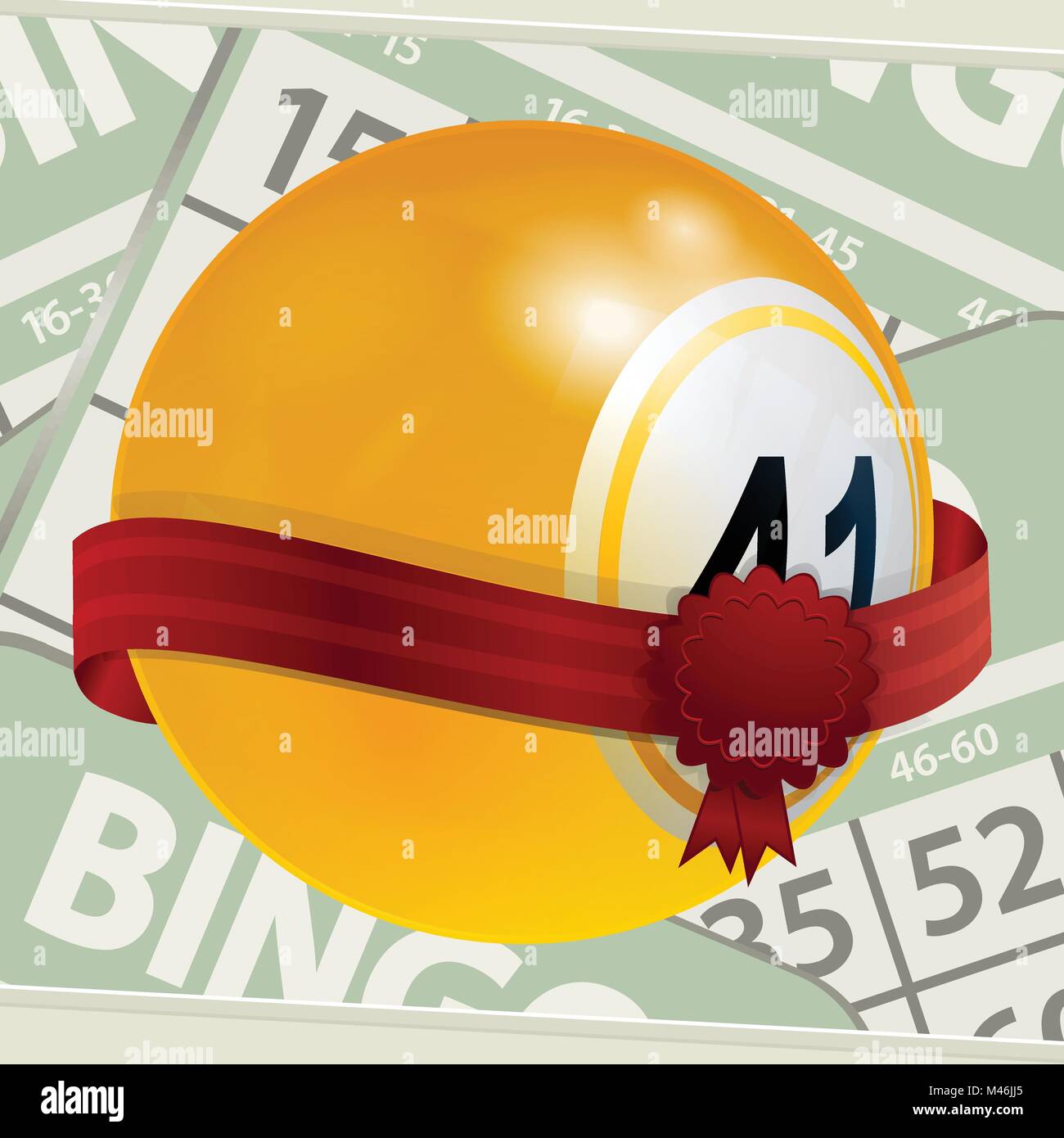 3D illustrazione di giallo lotteria Bingo palla con un nastro rosso e bianco sulla cresta verde chiaro le schede di Bingo sfondo Illustrazione Vettoriale