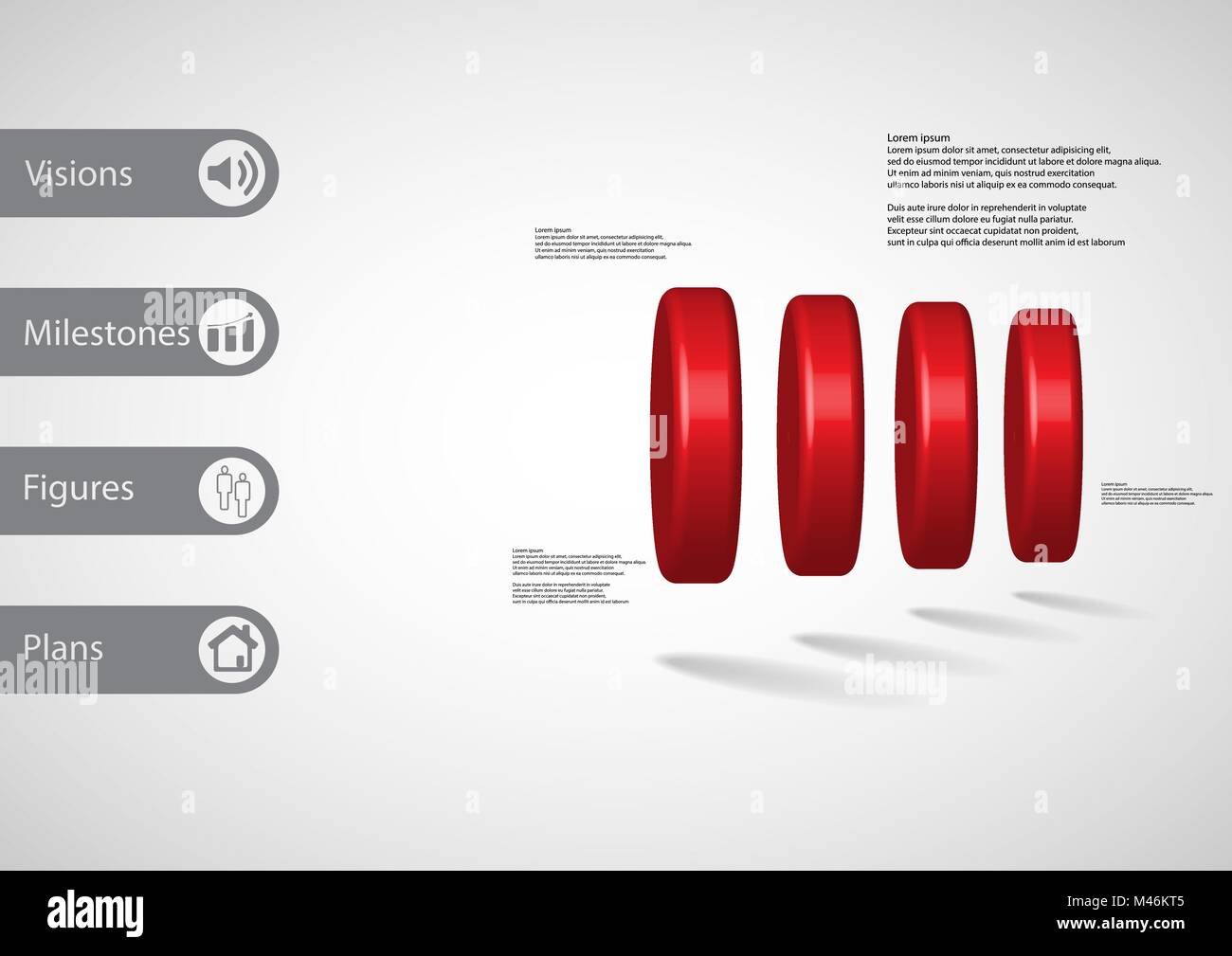 3D illustrazione modello infografico con motivo di quattro cilindri rosso disposto in orizzontale con un semplice segno e un testo di esempio sul lato a barre. Luce gr Illustrazione Vettoriale